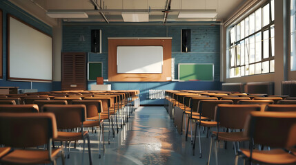 Empty classroom with rows of chairs facing a whiteboard and chalkboards, sunlight streaming in
