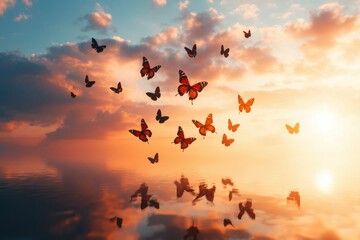 Obraz premium Butterflies flying over tranquil water at sunset