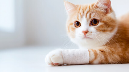 Cute cat with bandaged paw resting indoors. Explore feline care tips, pet health advice, and recovery essentials for injured cats.