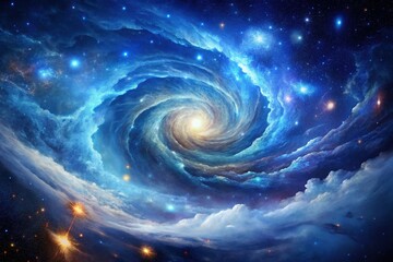 Abstract Blue and White Swirling Nebula - Cosmic Space Art