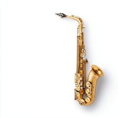 Naklejka premium Elegant Gold Saxophone on White Background, Perfect for Music and Jazz Themes, Studio Quality Image