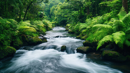 Fototapeta premium Lush green rainforest stream cascading over moss-covered rocks and fernscreating a vibrant and tranquil natural scene ideal for travel and nature enthusiasts