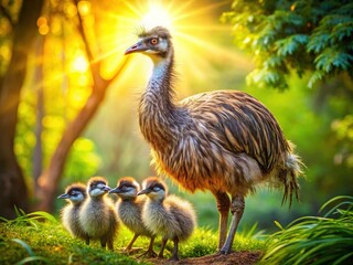 Adorable Emu Family: Mother Emu with Fluffy Chicks in a Natural Habitat