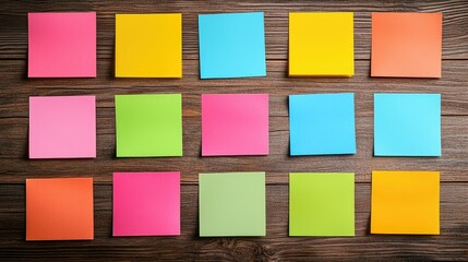 A vibrant arrangement of sticky notes in various colors on a wooden surface, ideal for organizing thoughts or brainstorming ideas.