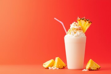 Pineapple milkshake with whipped cream, coconut, and fruit slices on vibrant orange