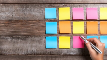 A colorful arrangement of sticky notes on a wooden surface, with a hand holding a marker, ready to jot down ideas or reminders.