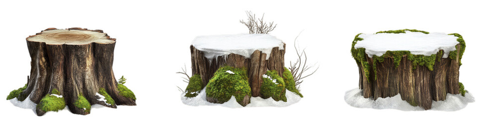 Moss-covered tree stumps with snow in winter forest scene