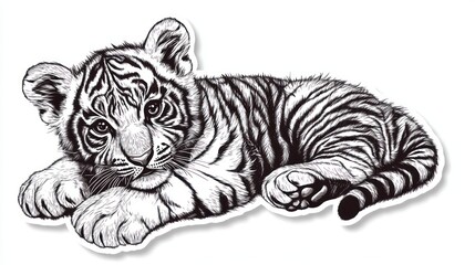 Obraz premium Cute tiger cub, resting, black and white drawing, print design