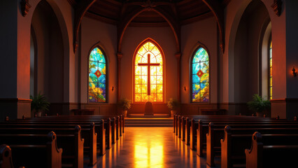 Fototapeta premium Empty church sanctuary with stained glass windows allowing natural light to stream into the room.
