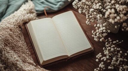 Open journal with blank pages surrounded by delicate white flowers and a cozy knit blanket creating a serene and inviting scene for reflection and creativity