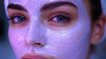In a spa, a beautician applies a white mask with a brush for a cosmetic facial treatment, viewed from above, with ample space, highlighting the beauty and health industry services.