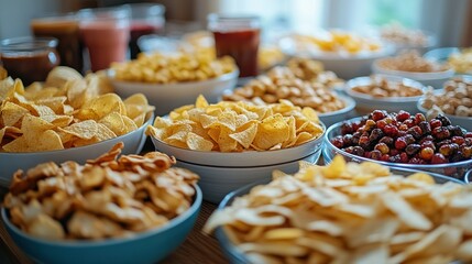 Fototapeta premium Assorted snacks in bowls on a table, drinks in background