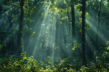 Sunbeams pierce a lush, misty forest, illuminating vibrant green foliage and tall trees.