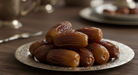 Dates on Silver Plate, Close Up Traditional Middle Eastern Sweet Treat