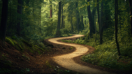 Winding serpentine pathway through a lush enchanted forest with dappled sunlight filtering through the canopy creating a serene natural landscape