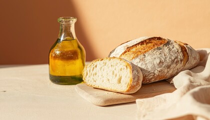 Sliced sourdough bread and olive oil on wooden board in sunlight