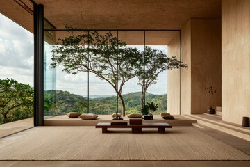 Tranquil indoor meditation space with nature view & seating