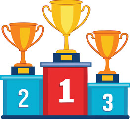 Winners podium with trophy cups