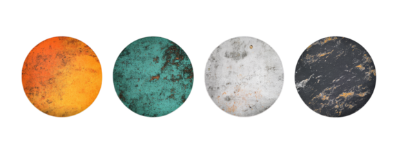 Four weathered metal discs with distinctive textures and colors