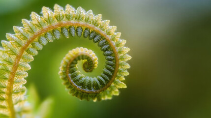 Close-up of Unfurling Fern Frond Exhibiting Fibonacci Sequence: A Macro View of Nature's Mathematical Beauty in Botanical Art Revealing a Green Spiraling Symphony of Life