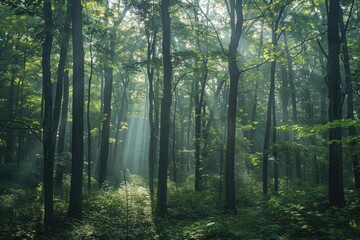 Obraz premium Sunbeams pierce a misty green forest, illuminating the path through tall trees and lush undergrowth.