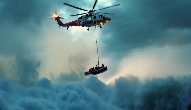 A dramatic rescue operation over a turbulent ocean, featuring a helicopter and stranded survivors.

