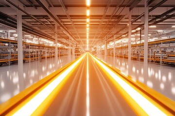 Fototapeta premium Empty factory assembly line with glowing tracks for automated production