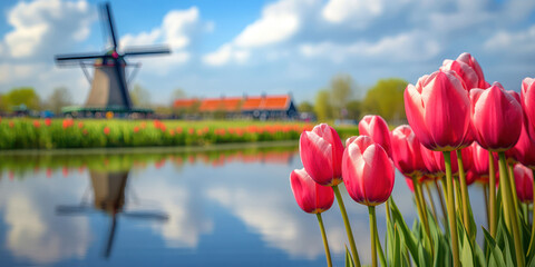 Springtime Tulips and Traditional Windmill in Holland
