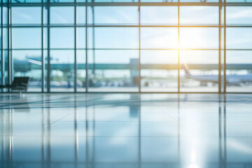 Beautiful blurred background of large windows in the airport with space for text