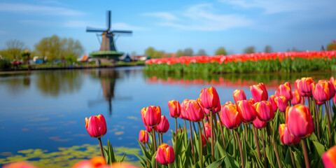 Springtime Tulips and Traditional Windmill in Holland