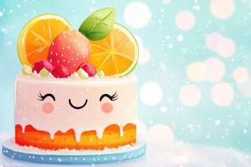 Cute kawaii cake with fruit toppings in bright