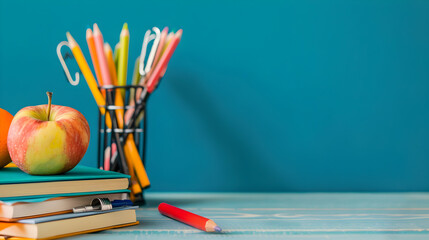 Colorful stationery and a fresh apple on a desk, creating a vibrant study atmosphere