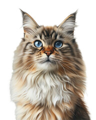 Obraz premium Majestic Maine Coon Cat Portrait with Striking Blue Eyes and Fluffy Fur on a Solid Black Background
