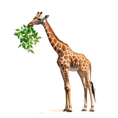 Naklejka premium Giraffe eating green leaves on transparent background