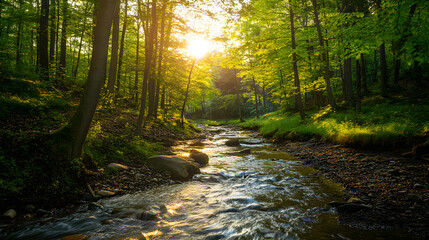 Obraz premium Beautiful summer forest landscape with a clear stream and sunrays shining through the trees