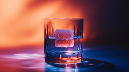 Sugar cube dissolving in glass of water, colorful background, drink concept