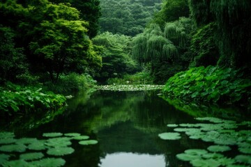 Obraz premium Serene pond with lily pads in lush green forest, ideal for relaxation