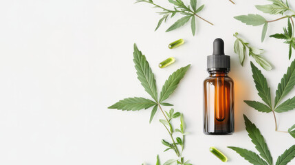 Closeup of amber medical marijuana dropper bottle with liquid inside and healthy vibrant green leafy buds of cannabis isolated on white background with copy space clean and clinical dispensary