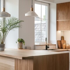 White and wooden kitchen corner with island