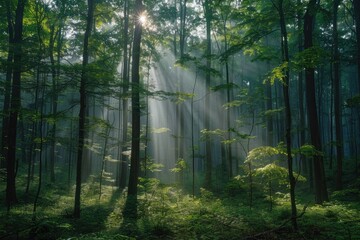 Obraz premium Sunbeams pierce through a misty forest, illuminating lush green foliage and tall trees.