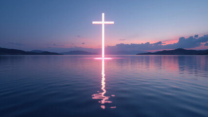 Naklejka premium Christian cross on a body of water at sunset.