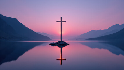 A serene cross reflection on a tranquil lake at sunset.