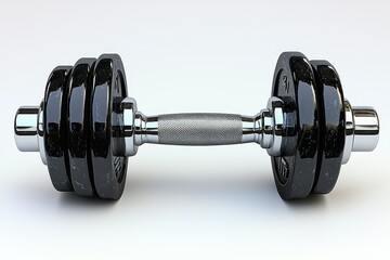 A Shiny Black Dumbbell Lies On A Plain White Surface