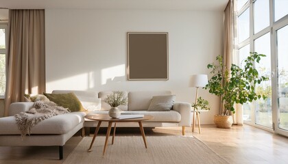 Light living room interior with sofa and table, window and mockup frame