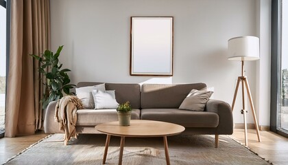 Light living room interior with sofa and table, window and mockup frame