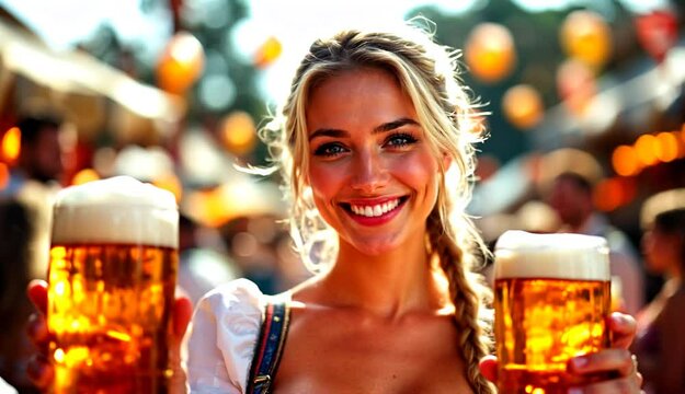A blonde German woman in traditional Bavarian attire smiles with beer mugs at Oktoberfest, surrounded by festive energy.

