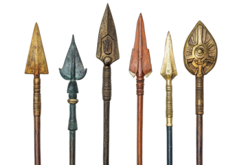 Ancient spearheads in various shapes and colors display historical craftsmanship