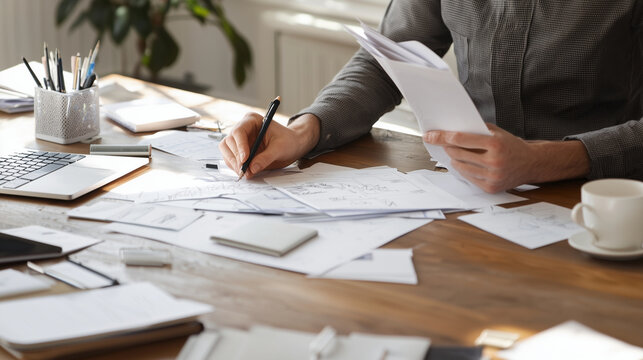 Organizing a messy desk full of papers and office supplies
