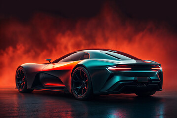 Naklejka premium Sleek sports car illuminated against a dramatic red and black backdrop in a studio setting