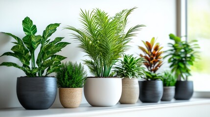 Fototapeta premium Row of potted plants sit on a shelf, with some of them being tall and others being short. The plants are of various sizes and colors, creating a vibrant and lively atmosphere